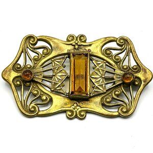 Art Nouveau Brass Brooch with Amber Glass Stones & Whiplash Scrollwork  — EUC